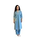 Womens Cotton Slub 3/4 Sleeves V Neck Co-Ord Set Featuring Floral Print Design On The Hem of The Sleeves and On The Pockets 2 Piece Ethnic Wear