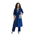 Womens Cotton Slub 3/4 Sleeves V Neck Co-Ord Set Featuring Floral Print Design On The Hem of The Sleeves and On The Pockets 2 Piece Ethnic Wear