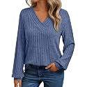 Womens Fashion V Neck Sweatshirts Long Sleeve Dressy Casual Shirts Fall Trendy Tunic Sweaters Work Blouse Tops
