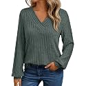Womens Fashion V Neck Sweatshirts Long Sleeve Dressy Casual Shirts Fall Trendy Tunic Sweaters Work Blouse Tops