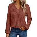 Womens Fashion V Neck Sweatshirts Long Sleeve Dressy Casual Shirts Fall Trendy Tunic Sweaters Work Blouse Tops