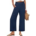 Womens Pants Wide Leg High Waisted Flowy Palazzo Pant Summer Flowy Beach Vacation Lounge Casual Trousers with Pockets