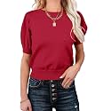 Womens Puff Short Sleeve Sweater Tops Crewneck Basic Knit Pullover Lightweight Casual Sweaters