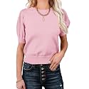 Womens Puff Short Sleeve Sweater Tops Crewneck Basic Knit Pullover Lightweight Casual Sweaters