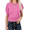 Womens Puff Short Sleeve Sweater Tops Crewneck Basic Knit Pullover Lightweight Casual Sweaters