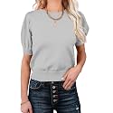 Womens Puff Short Sleeve Sweater Tops Crewneck Basic Knit Pullover Lightweight Casual Sweaters