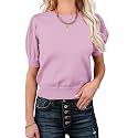 Womens Puff Short Sleeve Sweater Tops Crewneck Basic Knit Pullover Lightweight Casual Sweaters