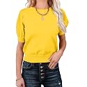 Womens Puff Short Sleeve Sweater Tops Crewneck Basic Knit Pullover Lightweight Casual Sweaters