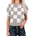 Womens Puff Short Sleeve Sweater Tops Crewneck Basic Knit Pullover Lightweight Casual Sweaters