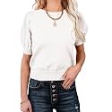 Womens Puff Short Sleeve Sweater Tops Crewneck Basic Knit Pullover Lightweight Casual Sweaters