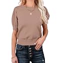 Womens Puff Short Sleeve Sweater Tops Crewneck Basic Knit Pullover Lightweight Casual Sweaters
