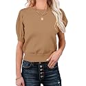 Womens Puff Short Sleeve Sweater Tops Crewneck Basic Knit Pullover Lightweight Casual Sweaters