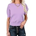 Womens Puff Short Sleeve Sweater Tops Crewneck Basic Knit Pullover Lightweight Casual Sweaters