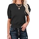 Womens Puff Short Sleeve Sweater Tops Crewneck Basic Knit Pullover Lightweight Casual Sweaters
