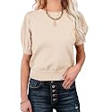 Womens Puff Short Sleeve Sweater Tops Crewneck Basic Knit Pullover Lightweight Casual Sweaters