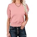 Womens Puff Short Sleeve Sweater Tops Crewneck Basic Knit Pullover Lightweight Casual Sweaters