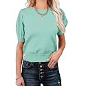 Womens Puff Short Sleeve Sweater Tops Crewneck Basic Knit Pullover Lightweight Casual Sweaters