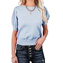 Womens Puff Short Sleeve Sweater Tops Crewneck Basic Knit Pullover Lightweight Casual Sweaters