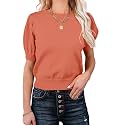 Womens Puff Short Sleeve Sweater Tops Crewneck Basic Knit Pullover Lightweight Casual Sweaters