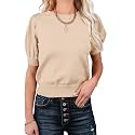 Womens Puff Short Sleeve Sweater Tops Crewneck Basic Knit Pullover Lightweight Casual Sweaters
