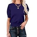 Womens Puff Short Sleeve Sweater Tops Crewneck Basic Knit Pullover Lightweight Casual Sweaters