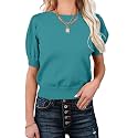 Womens Puff Short Sleeve Sweater Tops Crewneck Basic Knit Pullover Lightweight Casual Sweaters
