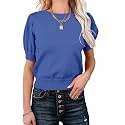Womens Puff Short Sleeve Sweater Tops Crewneck Basic Knit Pullover Lightweight Casual Sweaters