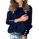 Womens Pullover Sweaters Batwing Long Sleeve Crewneck Casual Loose Knit Jumper Tops with Buttons
