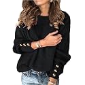 Womens Pullover Sweaters Batwing Long Sleeve Crewneck Casual Loose Knit Jumper Tops with Buttons