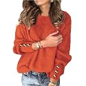 Womens Pullover Sweaters Batwing Long Sleeve Crewneck Casual Loose Knit Jumper Tops with Buttons