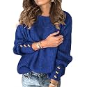 Womens Pullover Sweaters Batwing Long Sleeve Crewneck Casual Loose Knit Jumper Tops with Buttons