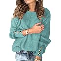 Womens Pullover Sweaters Batwing Long Sleeve Crewneck Casual Loose Knit Jumper Tops with Buttons