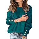 Womens Pullover Sweaters Batwing Long Sleeve Crewneck Casual Loose Knit Jumper Tops with Buttons