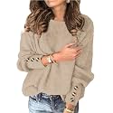 Womens Pullover Sweaters Batwing Long Sleeve Crewneck Casual Loose Knit Jumper Tops with Buttons