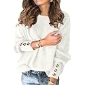 Womens Pullover Sweaters Batwing Long Sleeve Crewneck Casual Loose Knit Jumper Tops with Buttons