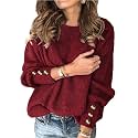 Womens Pullover Sweaters Batwing Long Sleeve Crewneck Casual Loose Knit Jumper Tops with Buttons