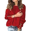 Womens Pullover Sweaters Batwing Long Sleeve Crewneck Casual Loose Knit Jumper Tops with Buttons