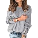 Womens Pullover Sweaters Batwing Long Sleeve Crewneck Casual Loose Knit Jumper Tops with Buttons
