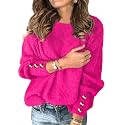 Womens Pullover Sweaters Batwing Long Sleeve Crewneck Casual Loose Knit Jumper Tops with Buttons