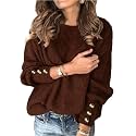 Womens Pullover Sweaters Batwing Long Sleeve Crewneck Casual Loose Knit Jumper Tops with Buttons