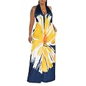 Womens Sexy Summer Dresses Halter Neck Plus Size Long Maxi Dress Casual Floral Beach Sun Dresses with Pockets