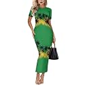 Womens Short Sleeve Jamaican Flag Midi Bodycon Dress