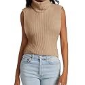 Womens Sleeveless Sweater Vest Turtleneck Ribbed Knit Tank Tops Basic Slim Fit Top