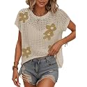 Womens Summer Crochet Tops Hollow Out Cap Sleeve Cover Up Tank Top Pullover Sweater Vest Beach Vacation Clothes