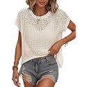 Womens Summer Crochet Tops Hollow Out Cap Sleeve Cover Up Tank Top Pullover Sweater Vest Beach Vacation Clothes