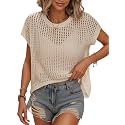 Womens Summer Crochet Tops Hollow Out Cap Sleeve Cover Up Tank Top Pullover Sweater Vest Beach Vacation Clothes