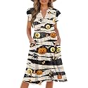 Womens Summer Dress Ruffle Sleeve V Neck Dress Casual Fit Flowy Beach Vacation Sundress with Pocket S-2XL