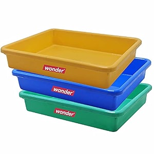 simply home multipurpose rectangular small plastic trays stationary office organiser tray  strong plastic material  colorful stackable storage trays for home amp office pack of 3  red yellow blue
