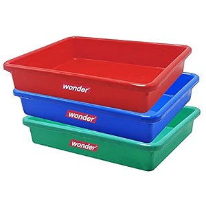 simply home multipurpose rectangular small plastic trays stationary office organiser tray  strong plastic material  colorful stackable storage trays for home amp office pack of 3  red yellow blue