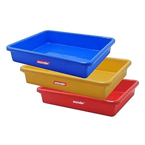 morvi multipurpose rectangular small plastic traysstationary office organiser traystrong plastic materialcolorful stackable storage trays for homeampofficepack of 3red yellow blue
